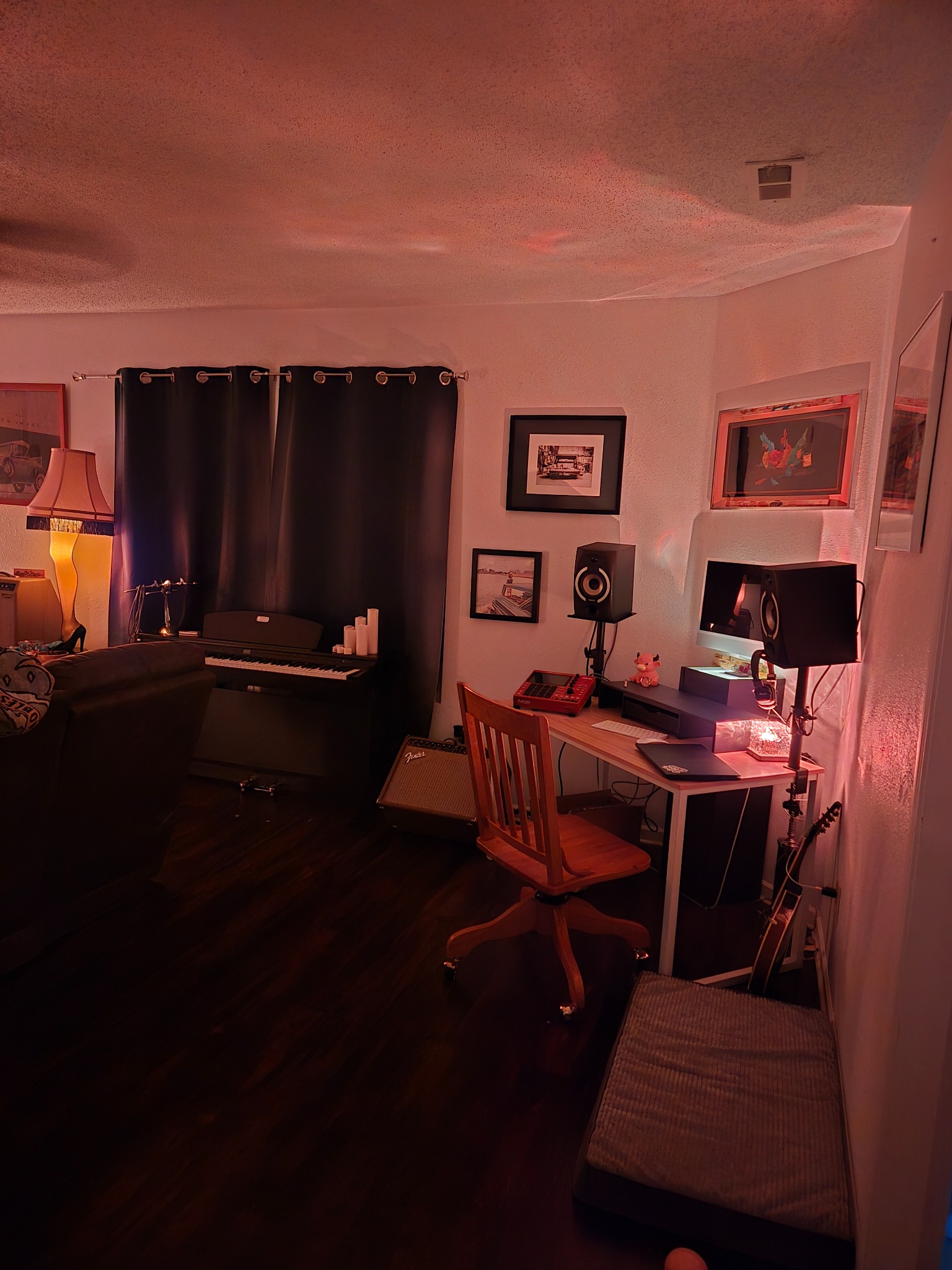 Seth’s home music studio with an Akai MPC One+, computer, keyboard, monitor speakers and recording equipment